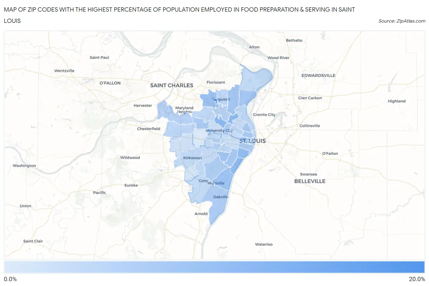 Zip Codes with the Highest Percentage of Population Employed in Food Preparation & Serving in Saint Louis Map