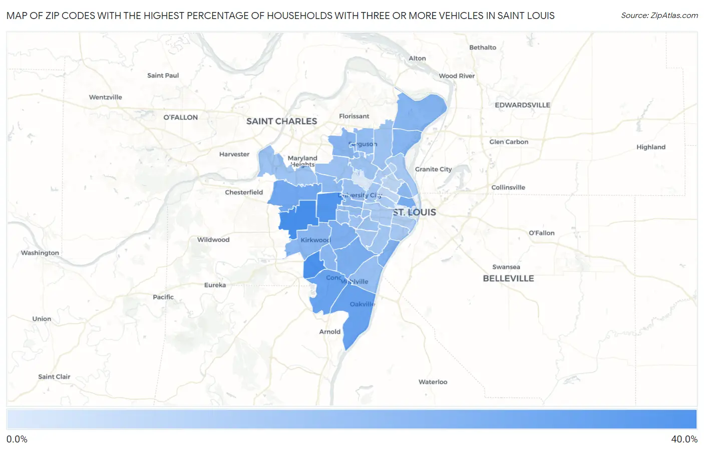 Zip Codes with the Highest Percentage of Households With Three or more Vehicles in Saint Louis Map