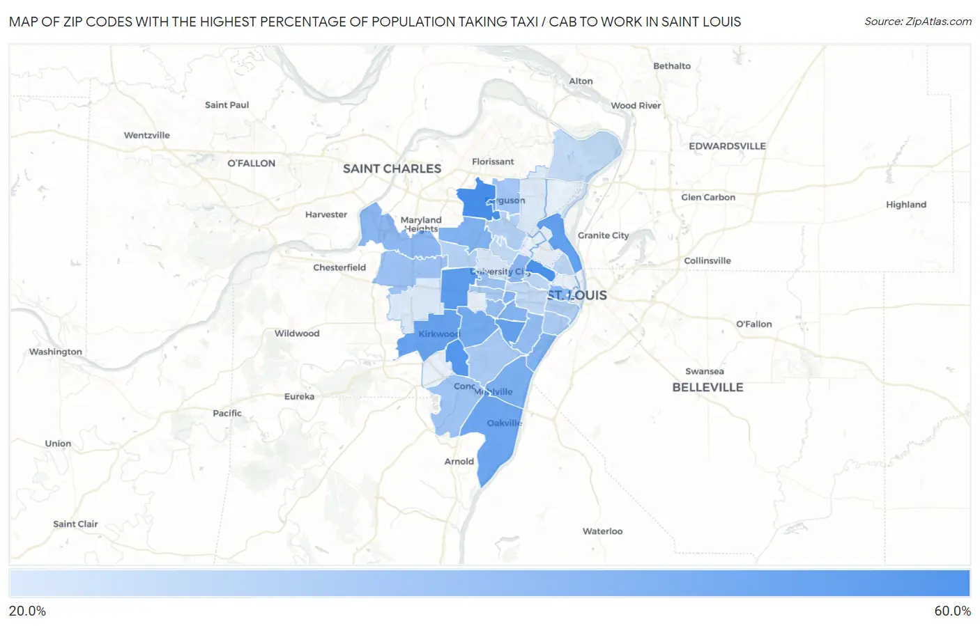 Zip Codes with the Highest Percentage of Population Taking Taxi / Cab to Work in Saint Louis Map