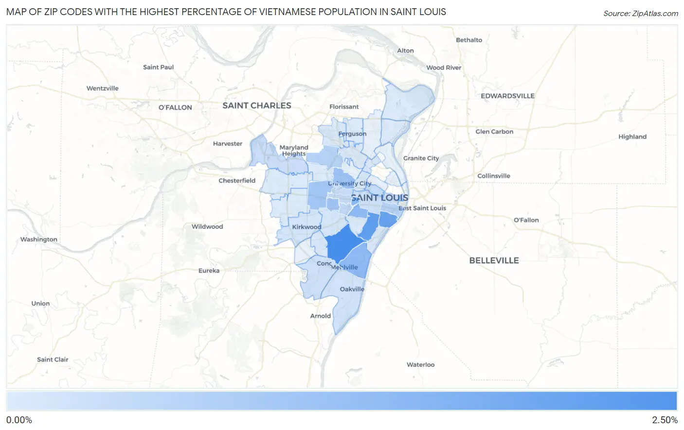 Zip Codes with the Highest Percentage of Vietnamese Population in Saint Louis Map