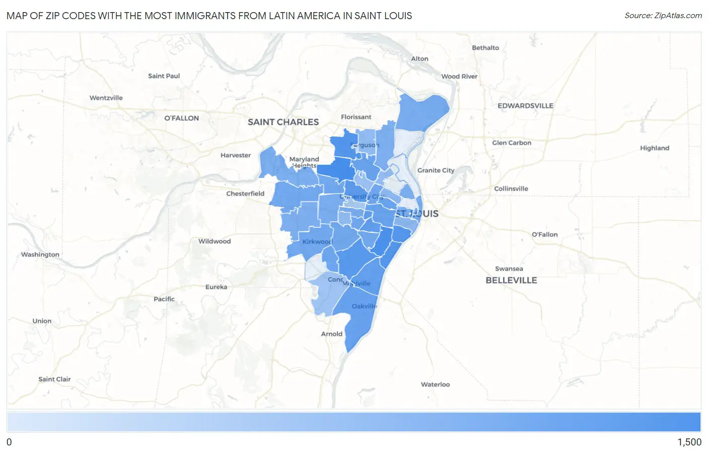 Zip Codes with the Most Immigrants from Latin America in Saint Louis Map