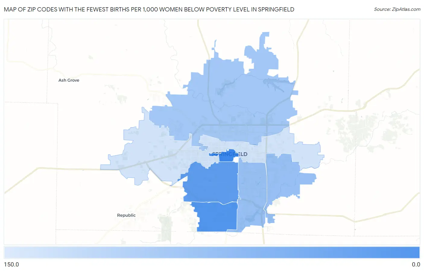 Zip Codes with the Fewest Births per 1,000 Women Below Poverty Level in Springfield Map