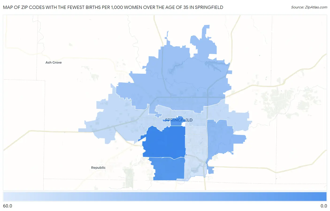 Zip Codes with the Fewest Births per 1,000 Women Over the Age of 35 in Springfield Map