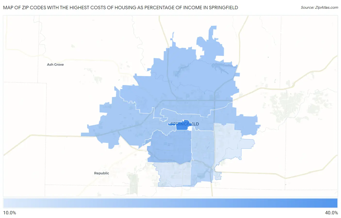 Zip Codes with the Highest Costs of Housing as Percentage of Income in Springfield Map