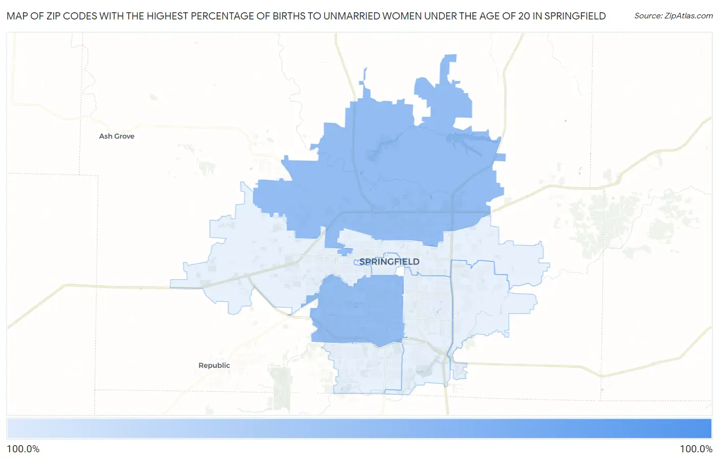 Zip Codes with the Highest Percentage of Births to Unmarried Women under the Age of 20 in Springfield Map