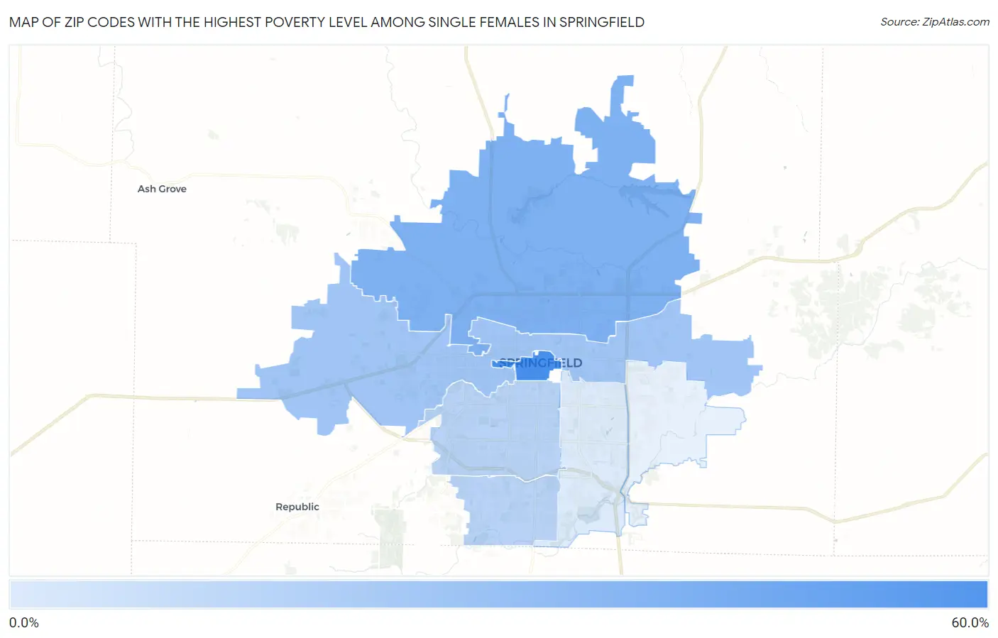 Zip Codes with the Highest Poverty Level Among Single Females in Springfield Map