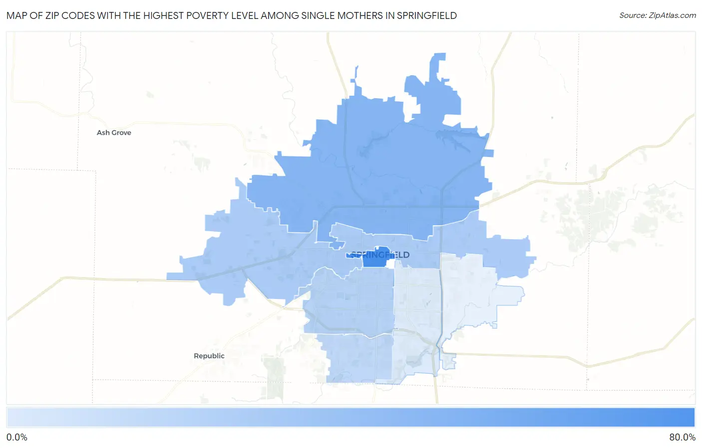 Zip Codes with the Highest Poverty Level Among Single Mothers in Springfield Map