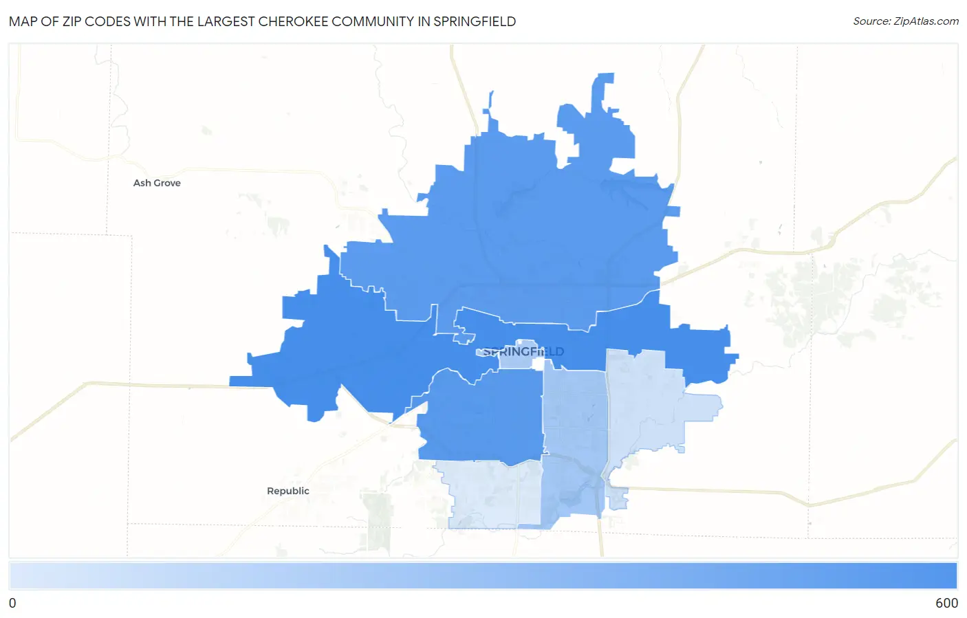 Zip Codes with the Largest Cherokee Community in Springfield Map