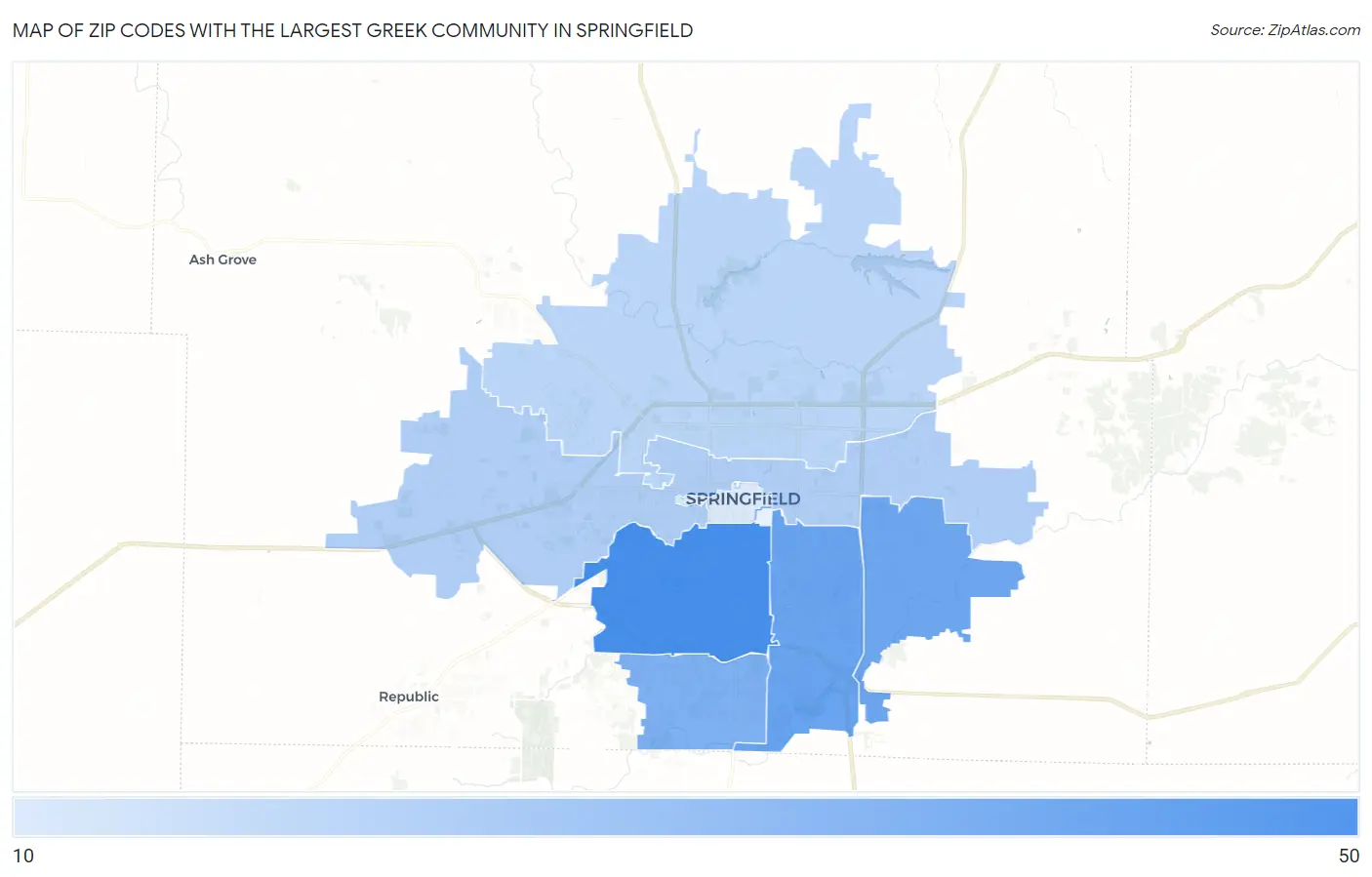 Zip Codes with the Largest Greek Community in Springfield Map
