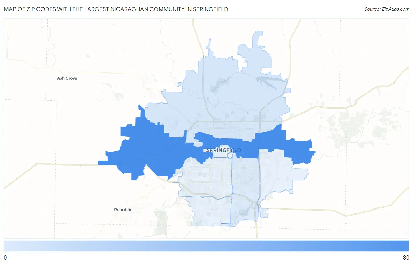 Zip Codes with the Largest Nicaraguan Community in Springfield Map