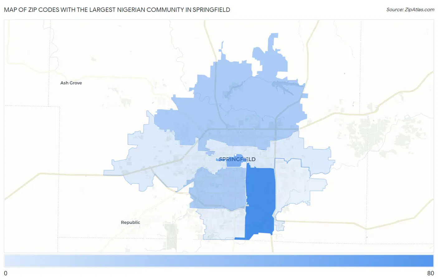 Zip Codes with the Largest Nigerian Community in Springfield Map