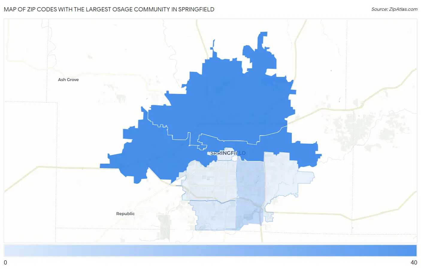 Zip Codes with the Largest Osage Community in Springfield Map