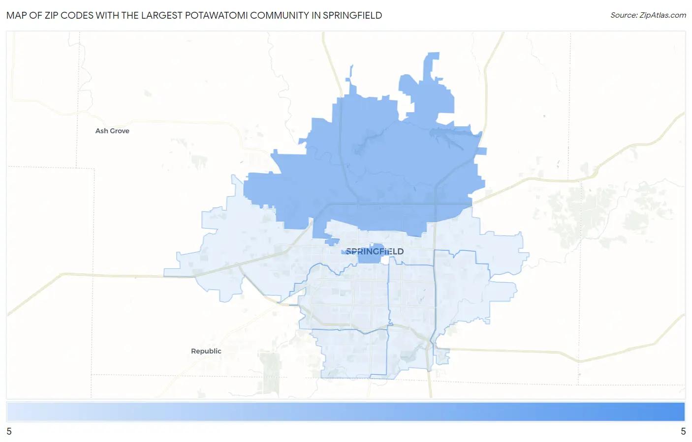 Zip Codes with the Largest Potawatomi Community in Springfield Map