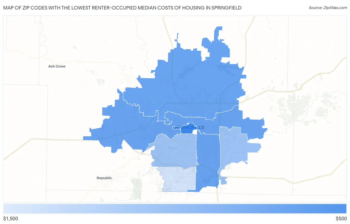 Zip Codes with the Lowest Renter-Occupied Median Costs of Housing in Springfield Map