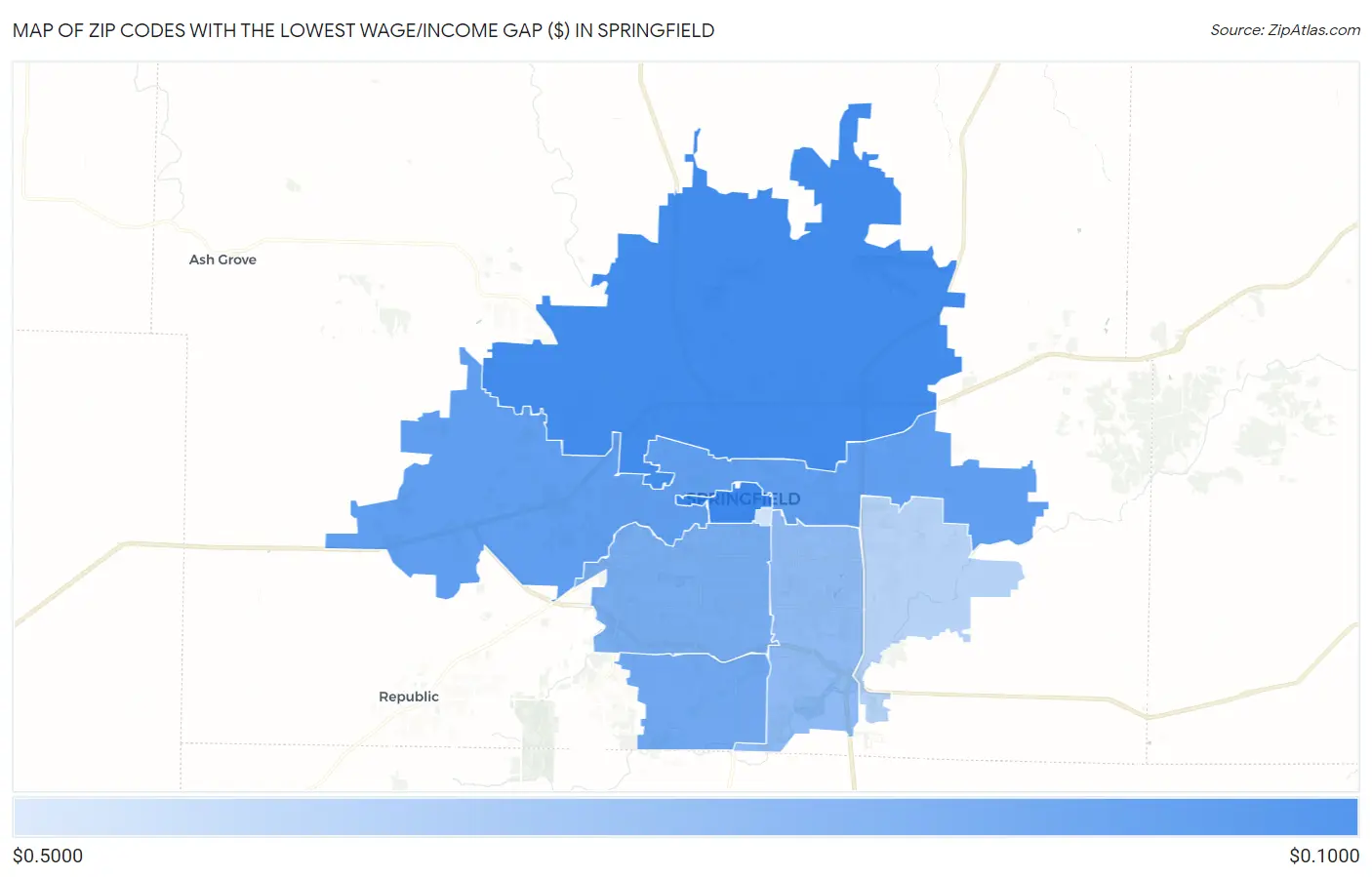 Zip Codes with the Lowest Wage/Income Gap ($) in Springfield Map