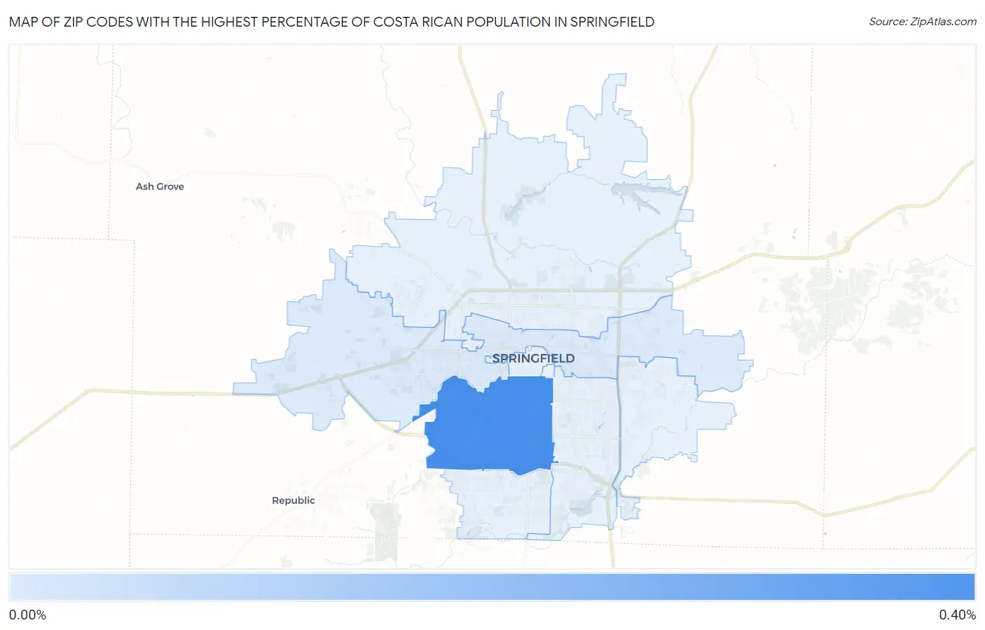 Zip Codes with the Highest Percentage of Costa Rican Population in Springfield Map