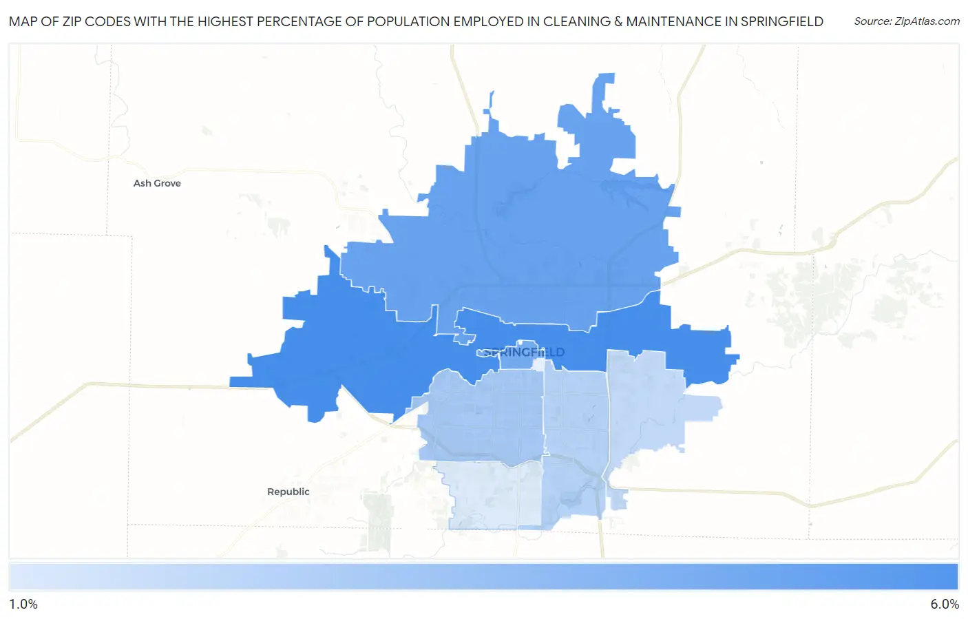 Zip Codes with the Highest Percentage of Population Employed in Cleaning & Maintenance in Springfield Map