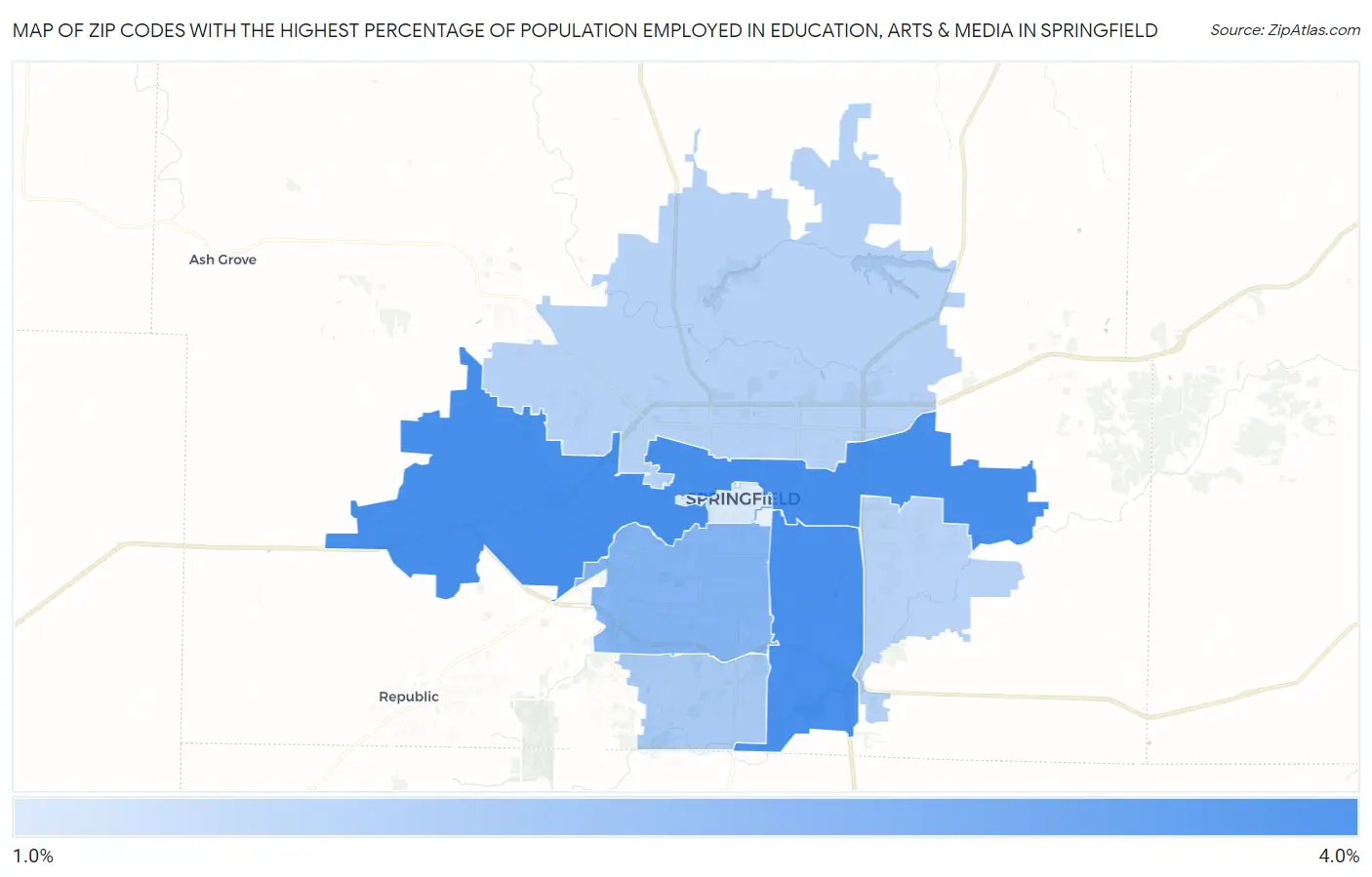 Zip Codes with the Highest Percentage of Population Employed in Education, Arts & Media in Springfield Map