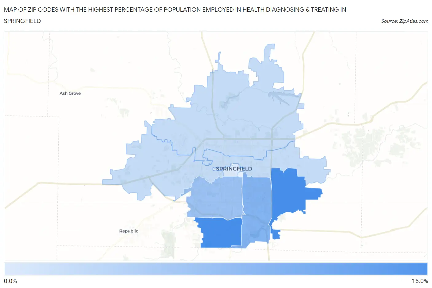 Zip Codes with the Highest Percentage of Population Employed in Health Diagnosing & Treating in Springfield Map
