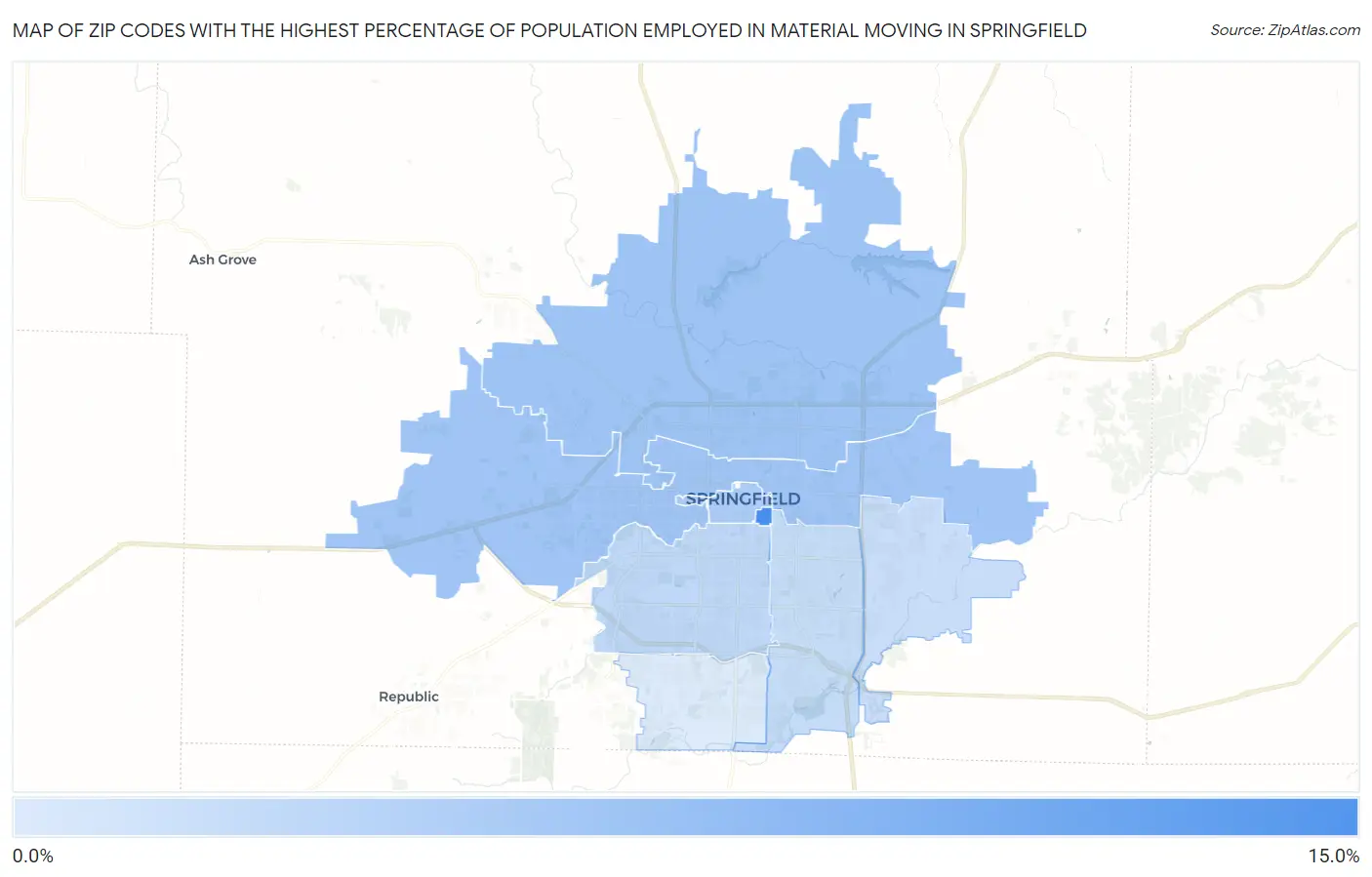 Zip Codes with the Highest Percentage of Population Employed in Material Moving in Springfield Map