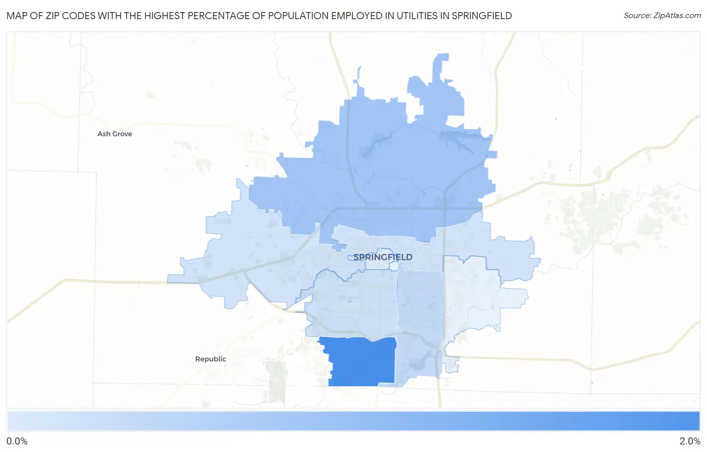 Zip Codes with the Highest Percentage of Population Employed in Utilities in Springfield Map