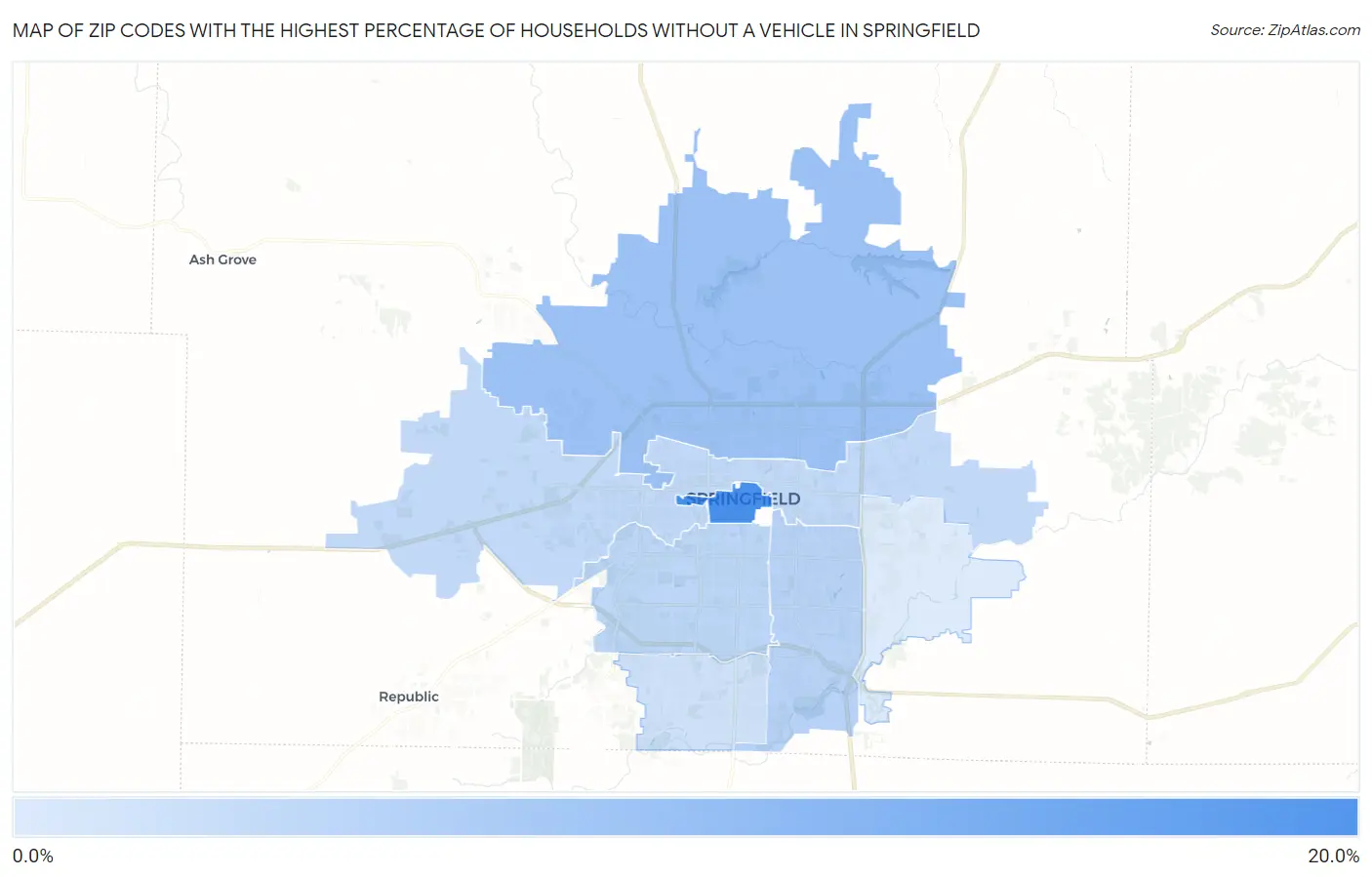Zip Codes with the Highest Percentage of Households Without a Vehicle in Springfield Map