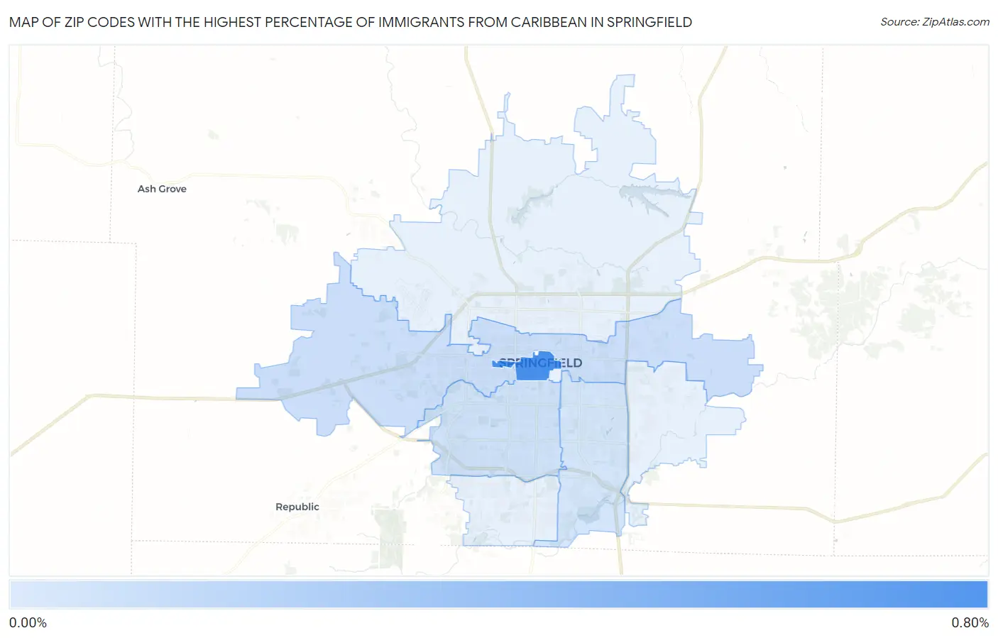 Zip Codes with the Highest Percentage of Immigrants from Caribbean in Springfield Map