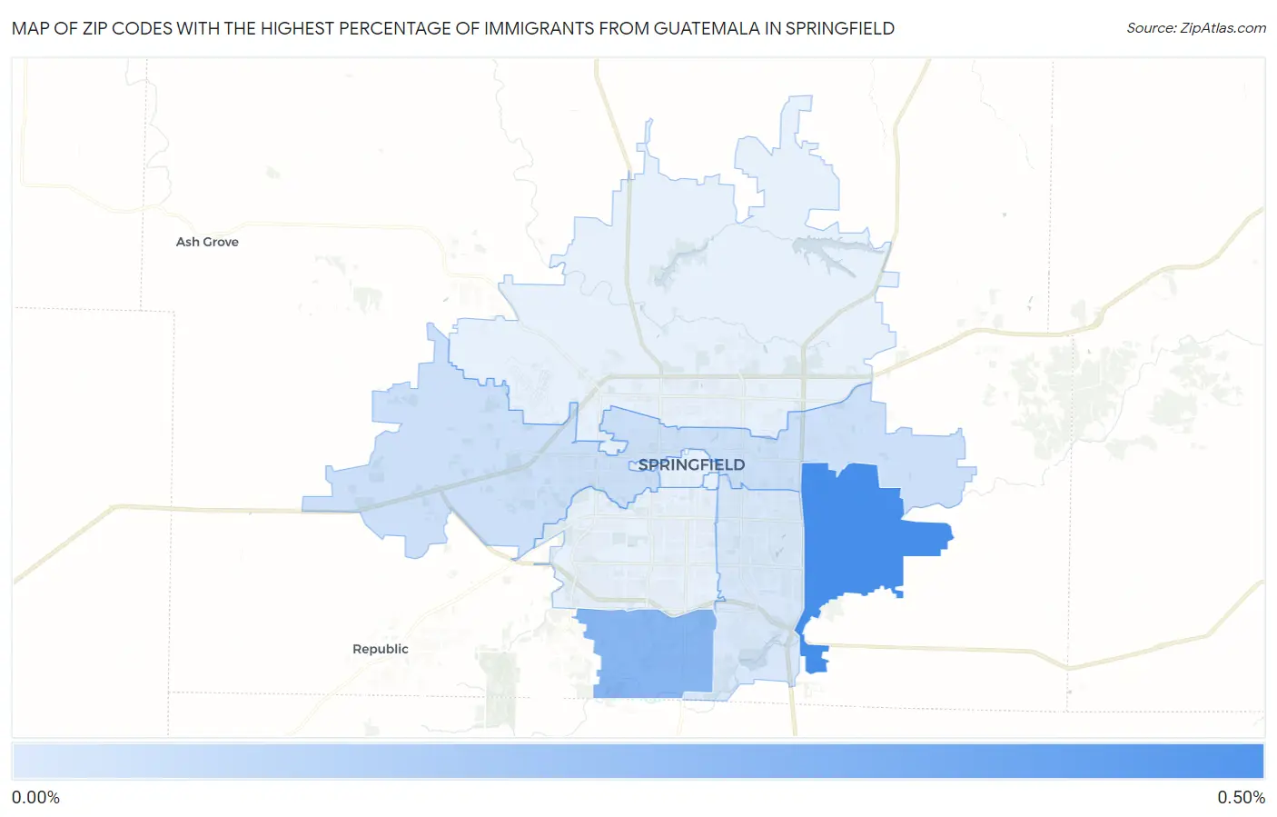 Zip Codes with the Highest Percentage of Immigrants from Guatemala in Springfield Map