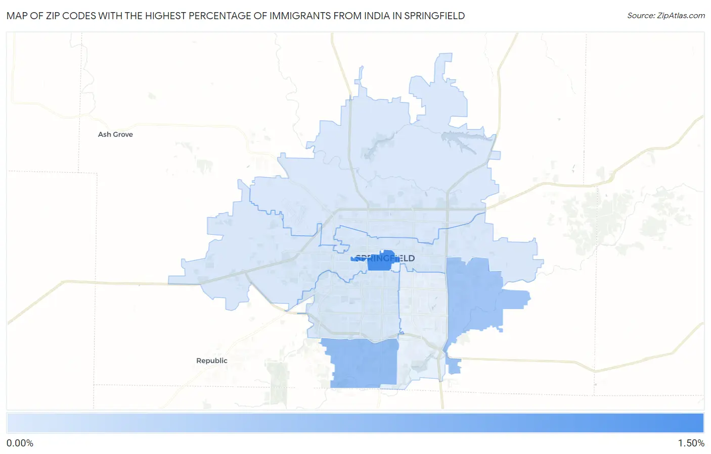 Zip Codes with the Highest Percentage of Immigrants from India in Springfield Map