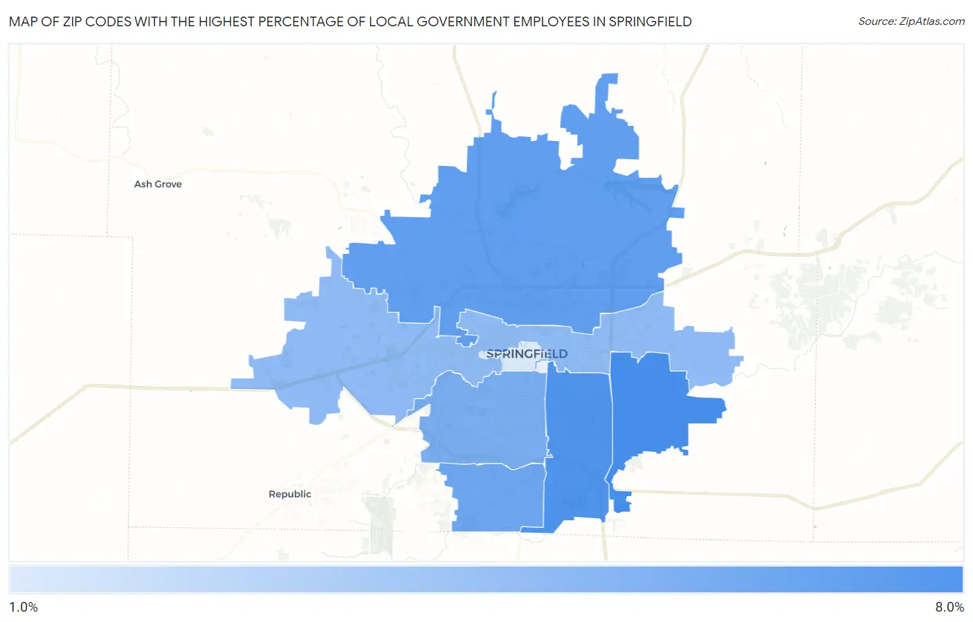 Zip Codes with the Highest Percentage of Local Government Employees in Springfield Map