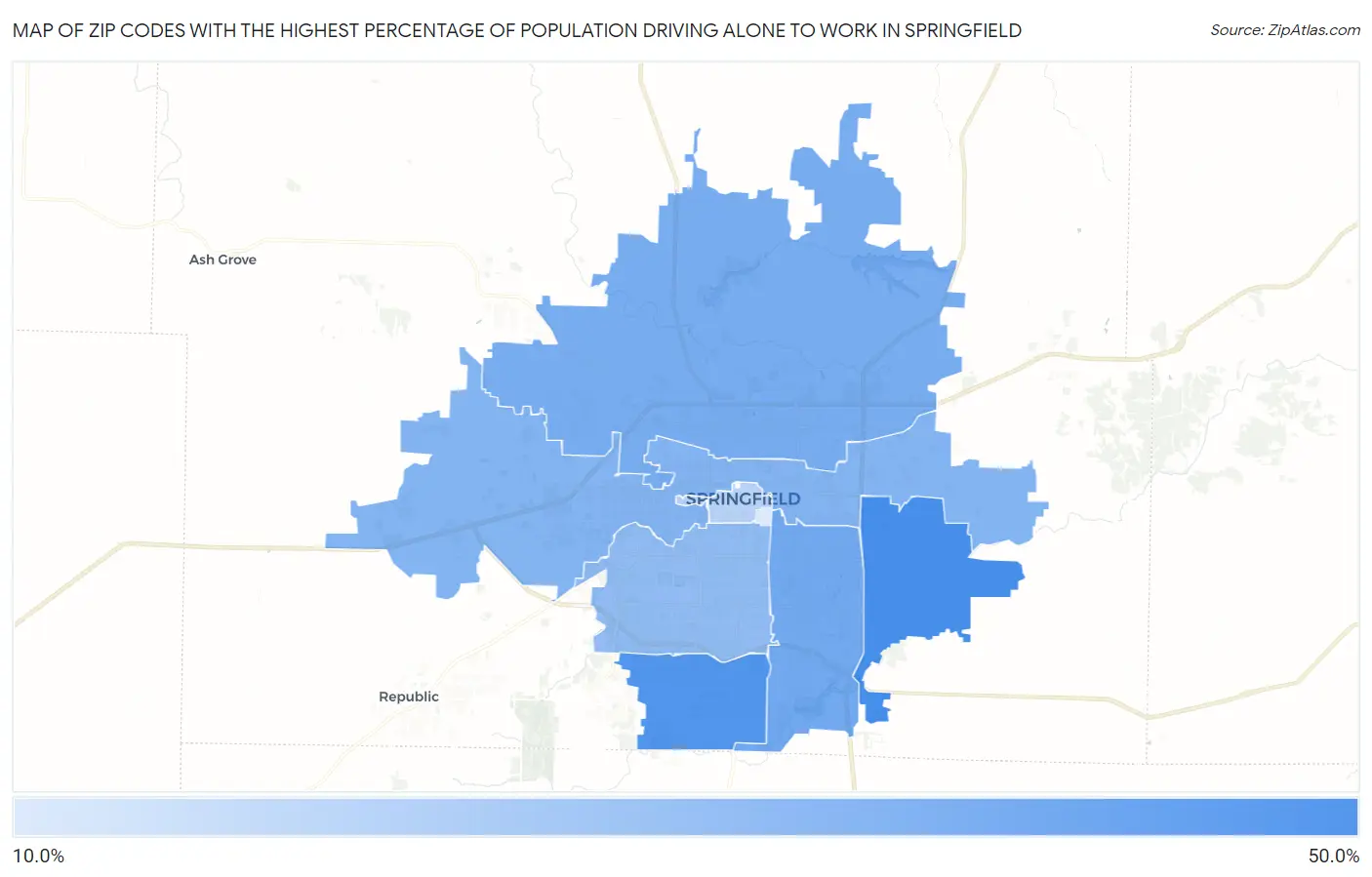 Zip Codes with the Highest Percentage of Population Driving Alone to Work in Springfield Map