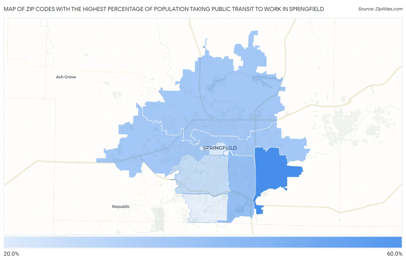 Zip Codes with the Highest Percentage of Population Taking Public Transit to Work in Springfield Map