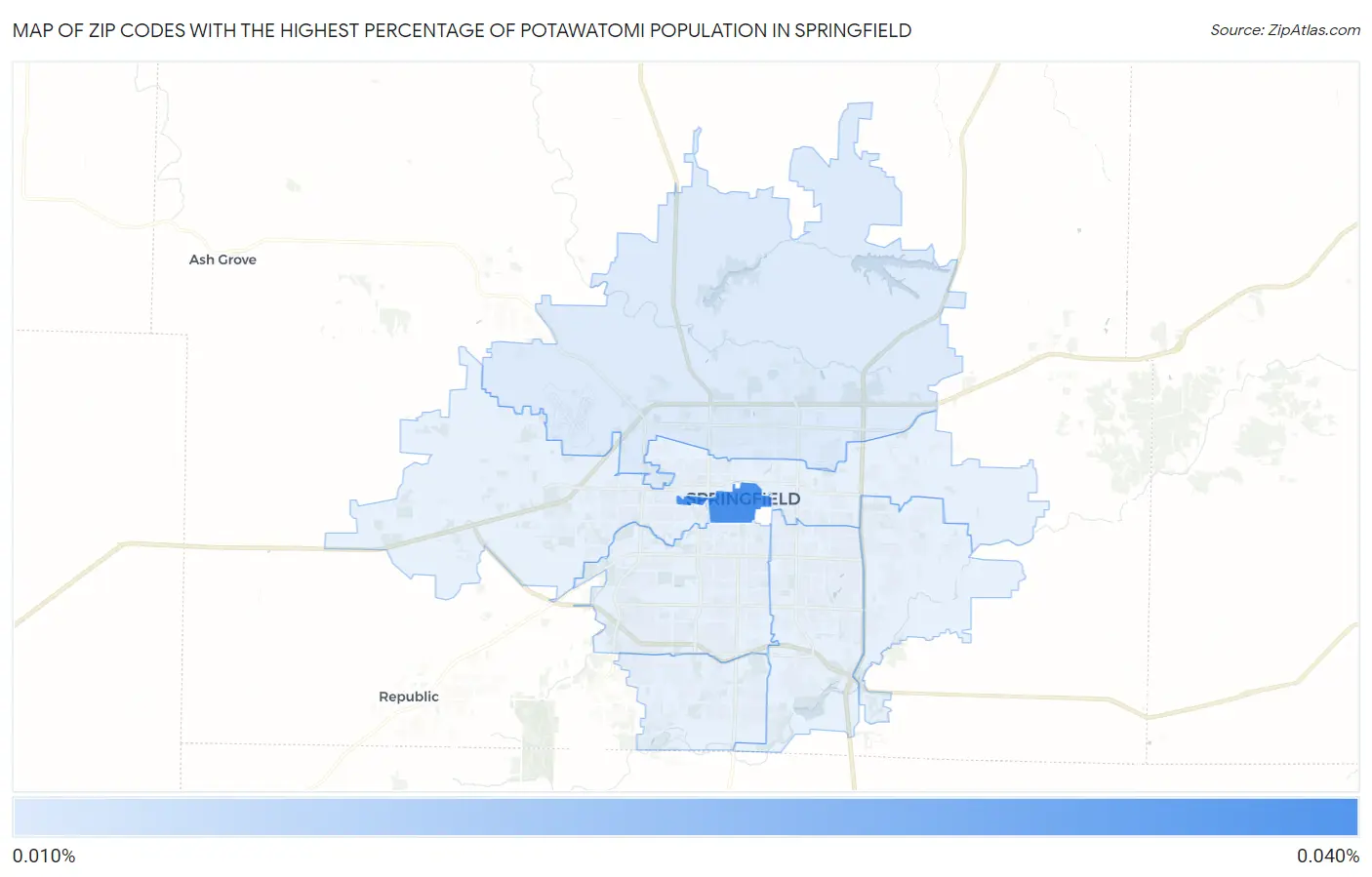Zip Codes with the Highest Percentage of Potawatomi Population in Springfield Map