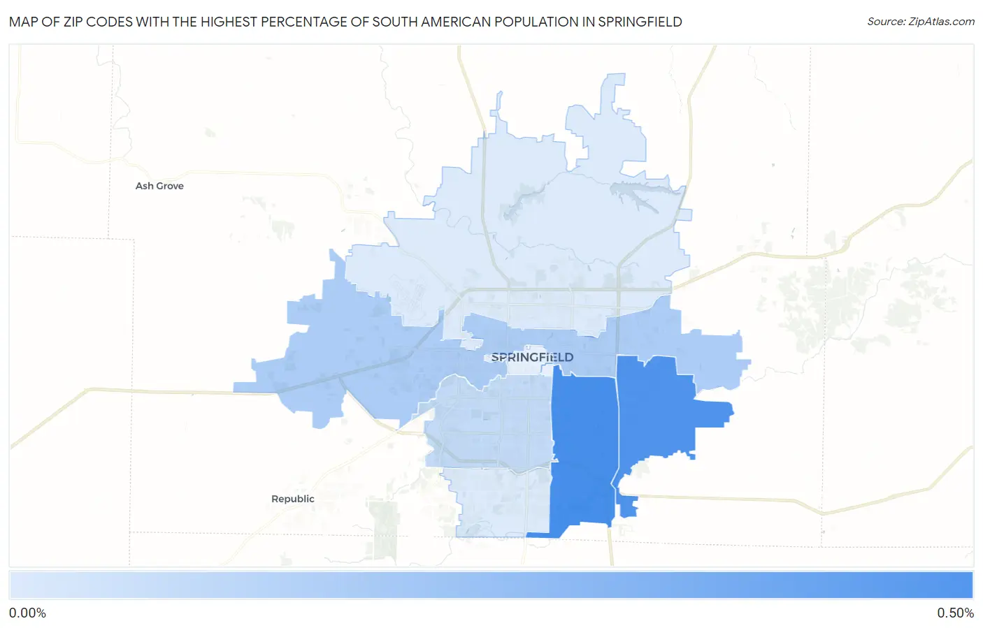 Zip Codes with the Highest Percentage of South American Population in Springfield Map