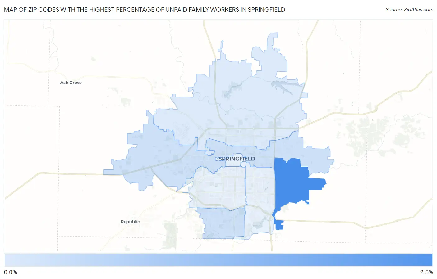 Zip Codes with the Highest Percentage of Unpaid Family Workers in Springfield Map