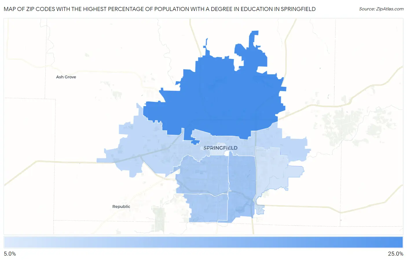 Zip Codes with the Highest Percentage of Population with a Degree in Education in Springfield Map