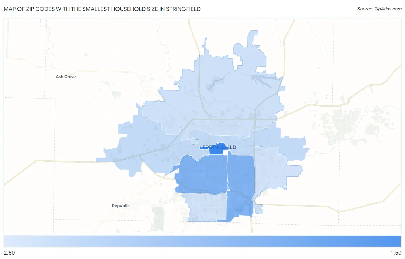 Zip Codes with the Smallest Household Size in Springfield Map
