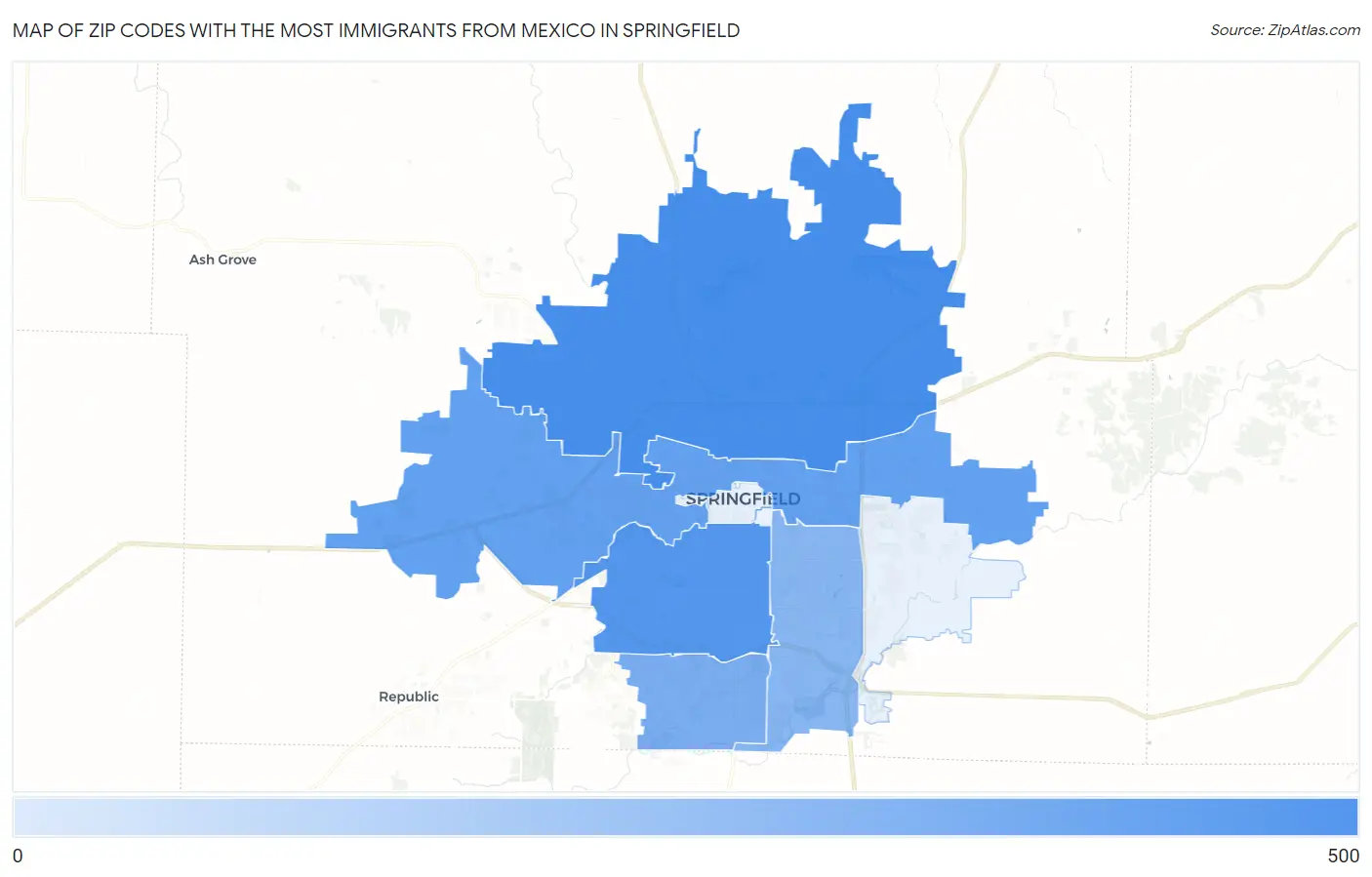 Zip Codes with the Most Immigrants from Mexico in Springfield Map