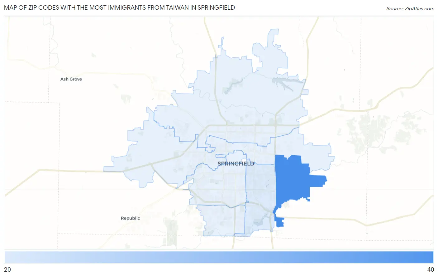Zip Codes with the Most Immigrants from Taiwan in Springfield Map
