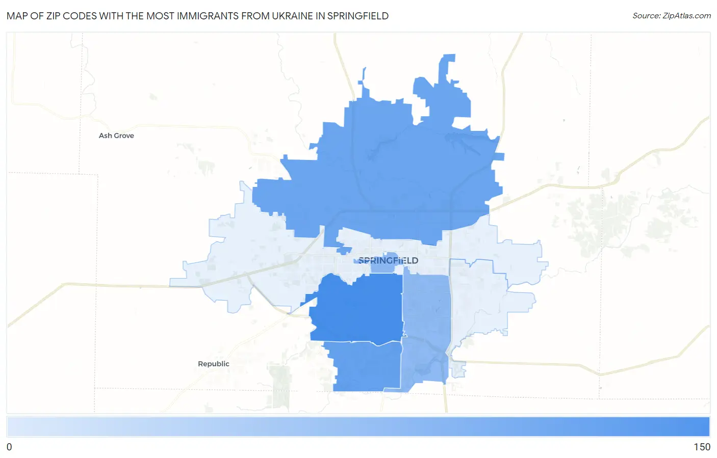 Zip Codes with the Most Immigrants from Ukraine in Springfield Map