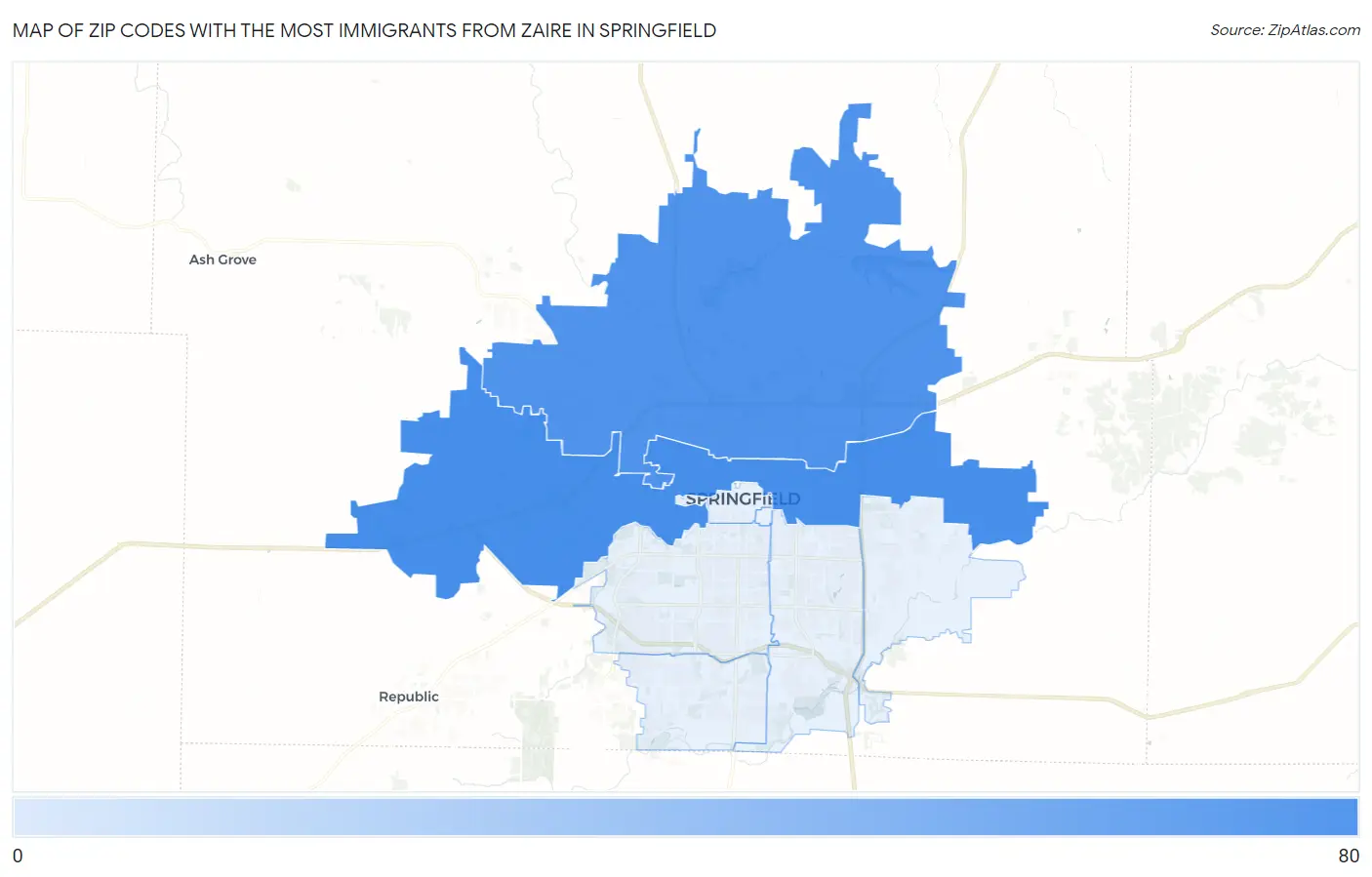 Zip Codes with the Most Immigrants from Zaire in Springfield Map