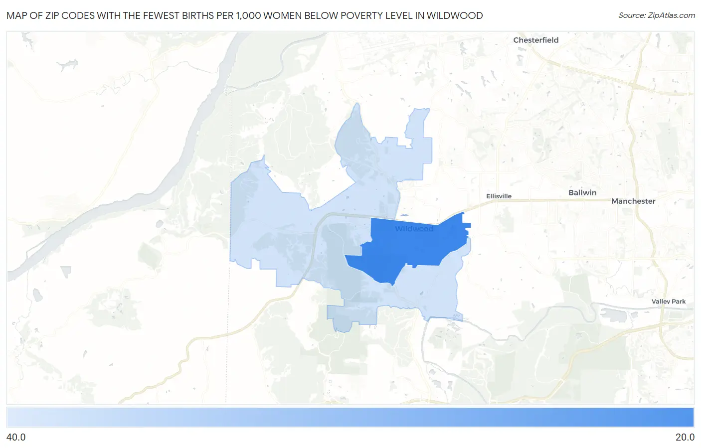 Zip Codes with the Fewest Births per 1,000 Women Below Poverty Level in Wildwood Map