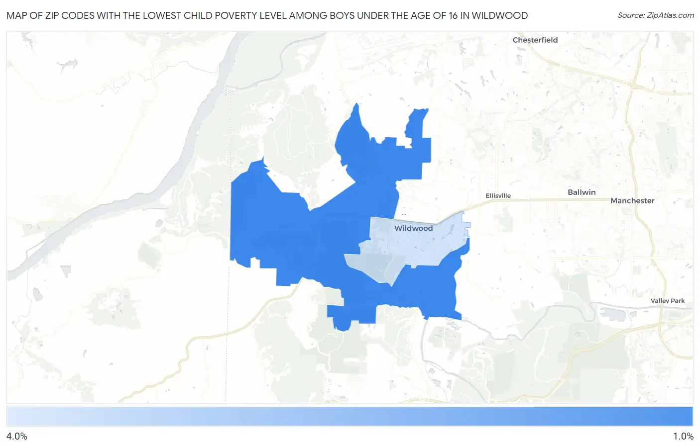 Zip Codes with the Lowest Child Poverty Level Among Boys Under the Age of 16 in Wildwood Map
