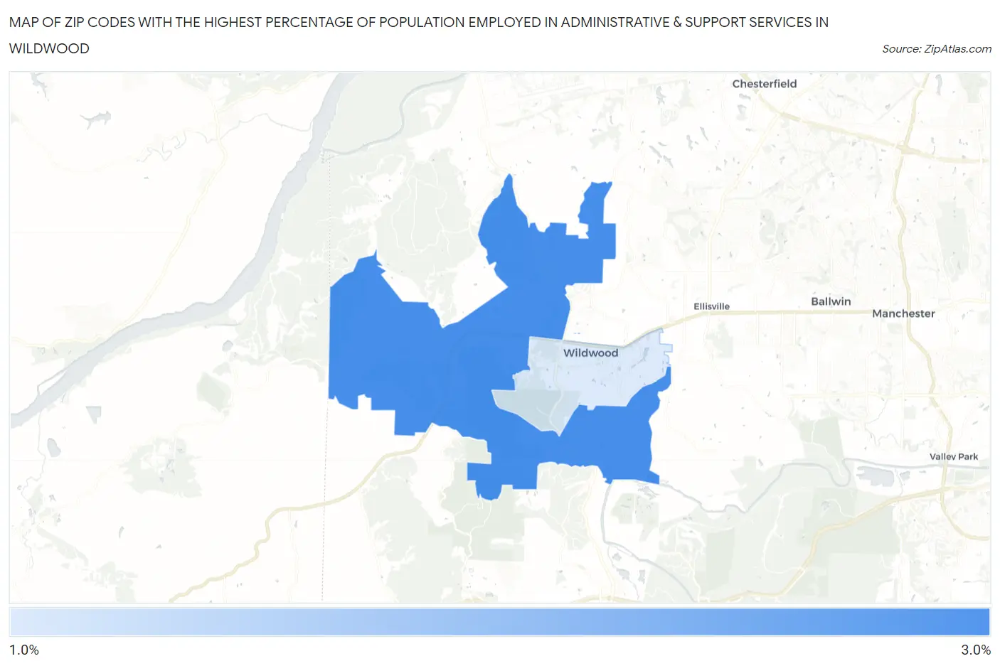 Zip Codes with the Highest Percentage of Population Employed in Administrative & Support Services in Wildwood Map