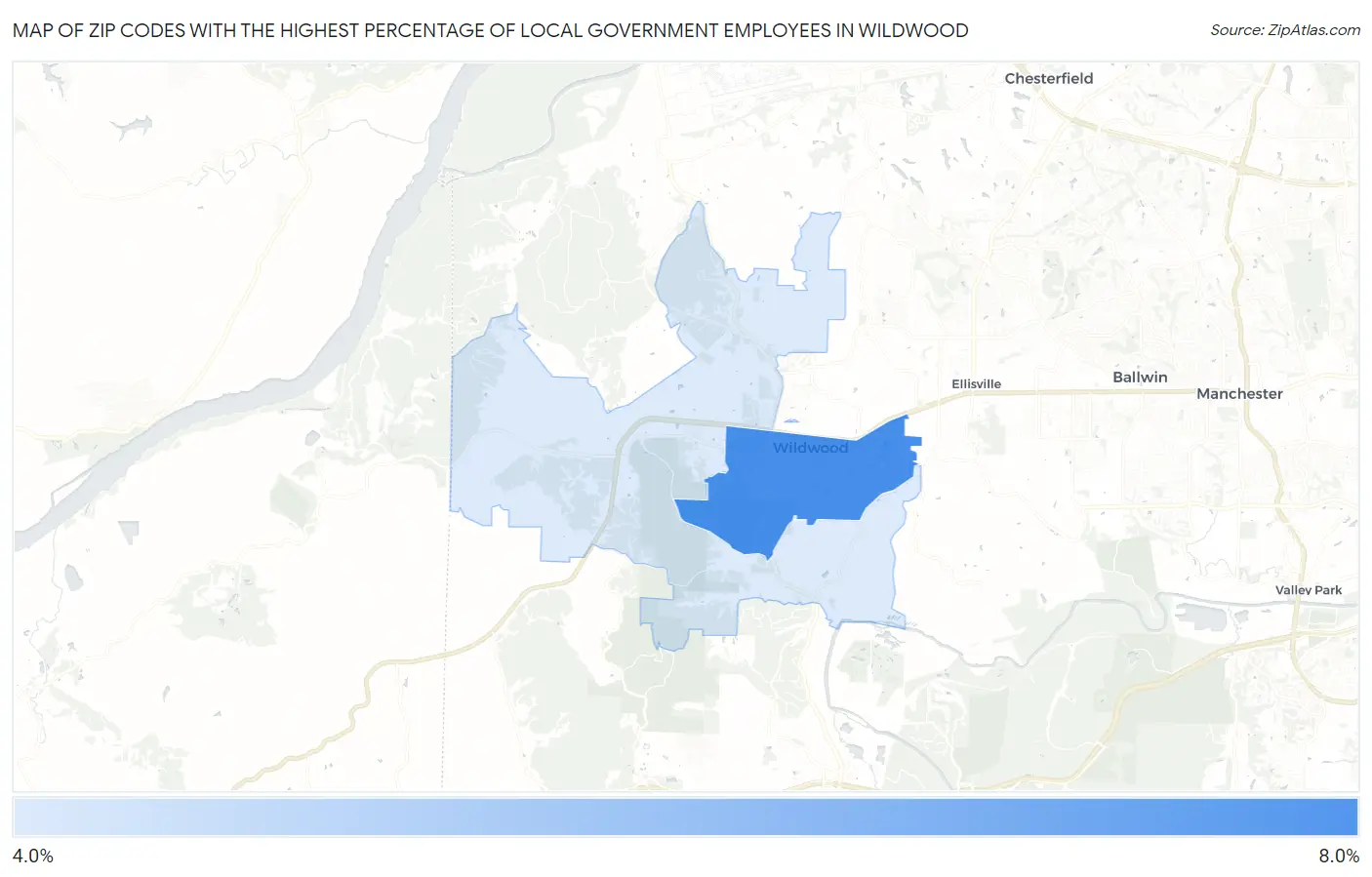 Zip Codes with the Highest Percentage of Local Government Employees in Wildwood Map