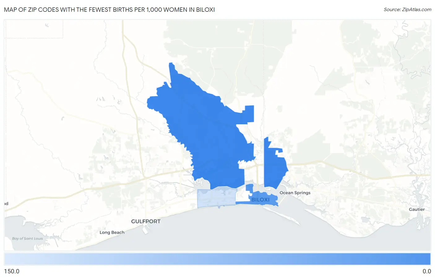 Zip Codes with the Fewest Births per 1,000 Women in Biloxi Map