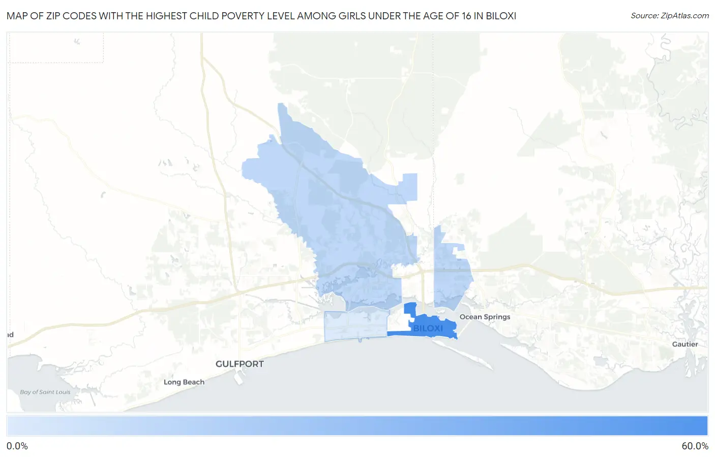 Zip Codes with the Highest Child Poverty Level Among Girls Under the Age of 16 in Biloxi Map
