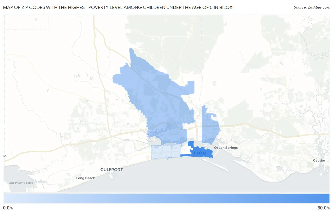 Zip Codes with the Highest Poverty Level Among Children Under the Age of 5 in Biloxi Map