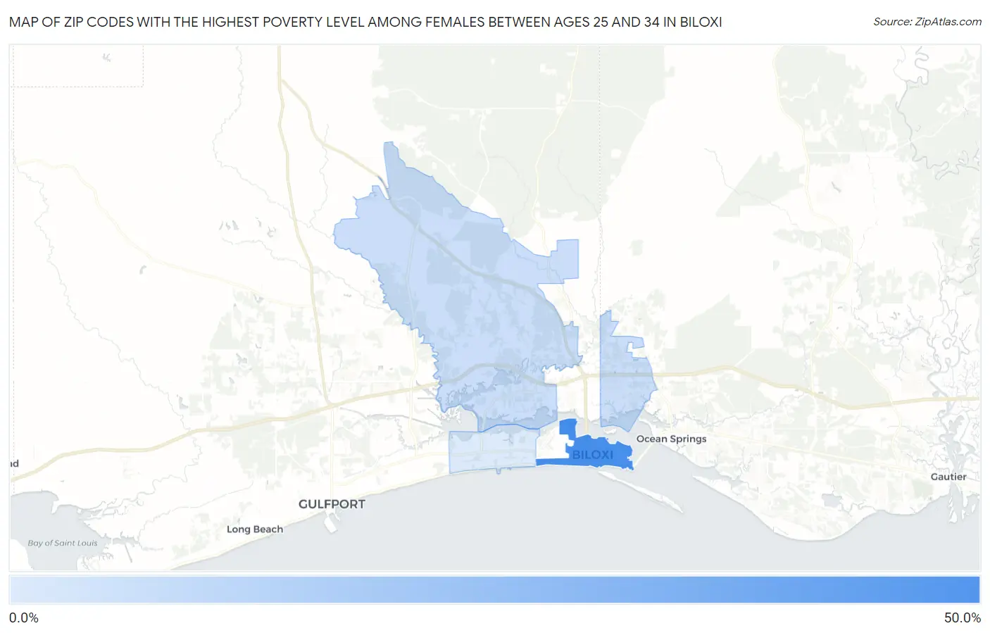 Zip Codes with the Highest Poverty Level Among Females Between Ages 25 and 34 in Biloxi Map