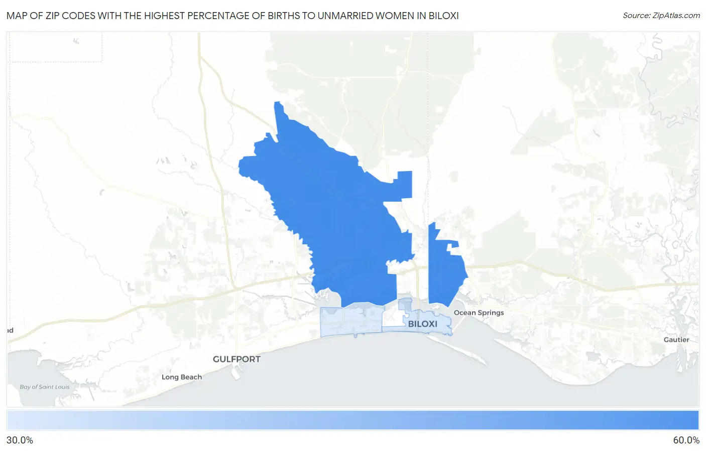 Zip Codes with the Highest Percentage of Births to Unmarried Women in Biloxi Map